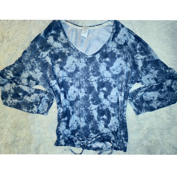 Blue and White Tie-Front Blouse with Bell Sleeves - Picture 1 of 3